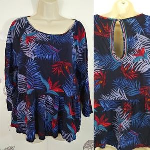 Roxy Large Peplum Blouse Tropical Print 3/4 Sleeve